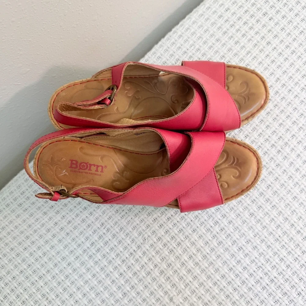 Born Wedge Sandals Women 9 Fuchsia Leather Crisscross Slingback Boho Summer Bold